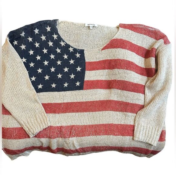 Women’s Beige American Flag Lightweight Sweater. Size S/M - Picture 4 of 6
